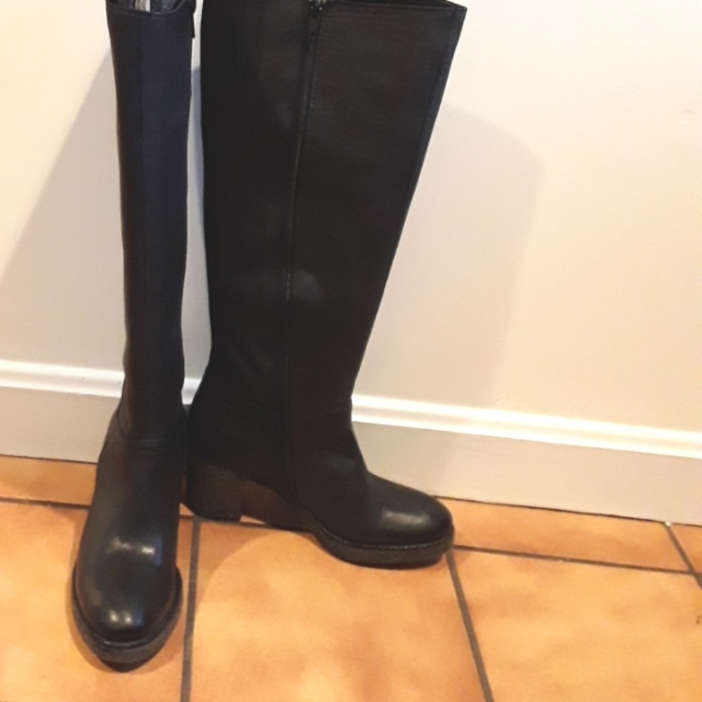NEW FOSCO black leather rubber sole heeled tall boots 37
